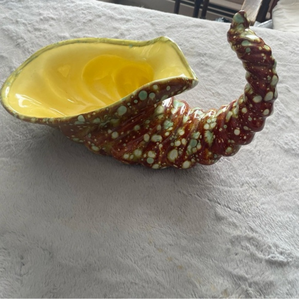 Vintage Atlantic Mould Handcrafted Ceramic Cornucopia Bowl in Yellow and Brown